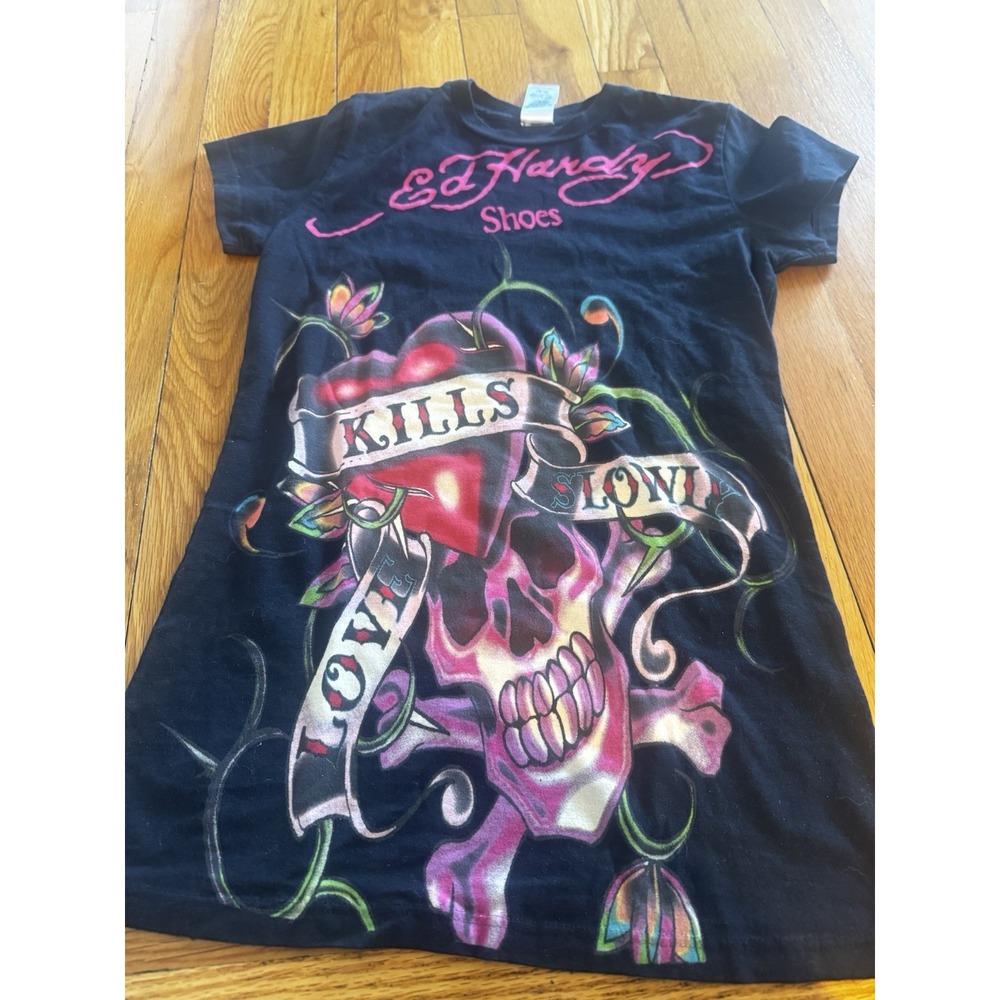 Vintage Don Ed Hardy Shoes Love Kills Slowly Skull Floral Shirt S Y2K‎ PSDI USA